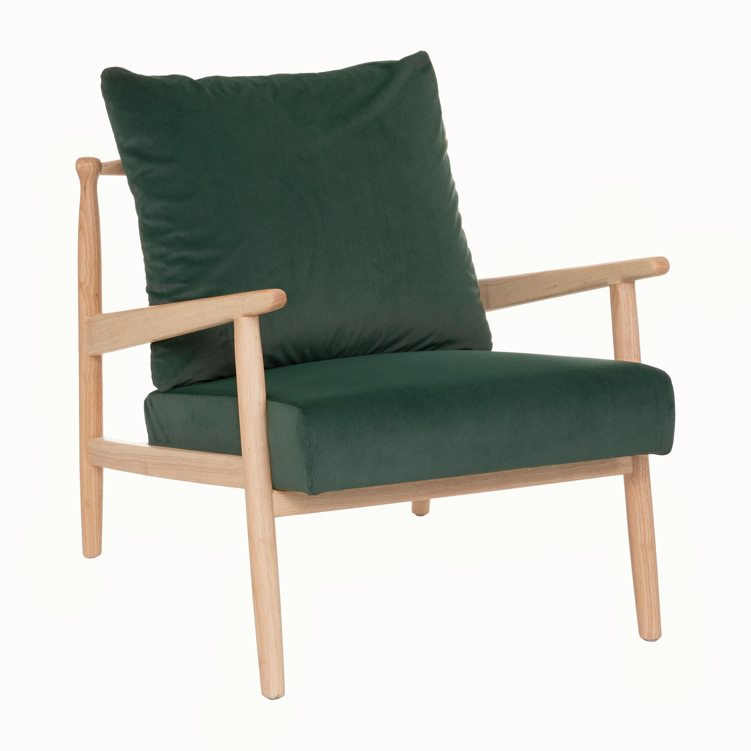 Fauteuil en bois et coussins velours vert
