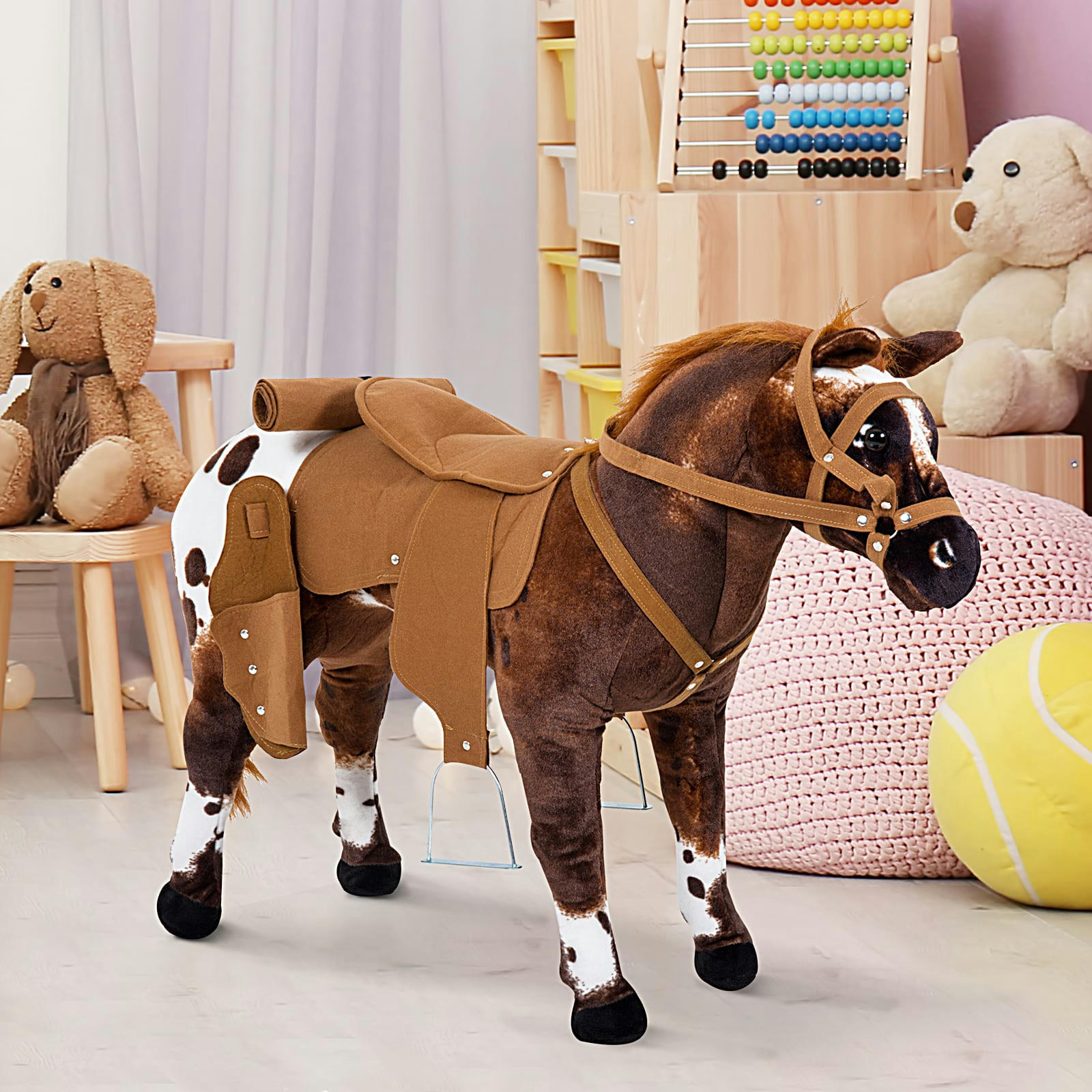 - Cheval debout peluche sonores hennissement galop selle étrier marron