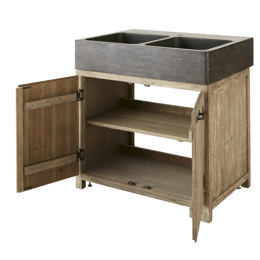 Greta - Meuble bas de cuisine pour évier 2 portes en pin recyclé grisé