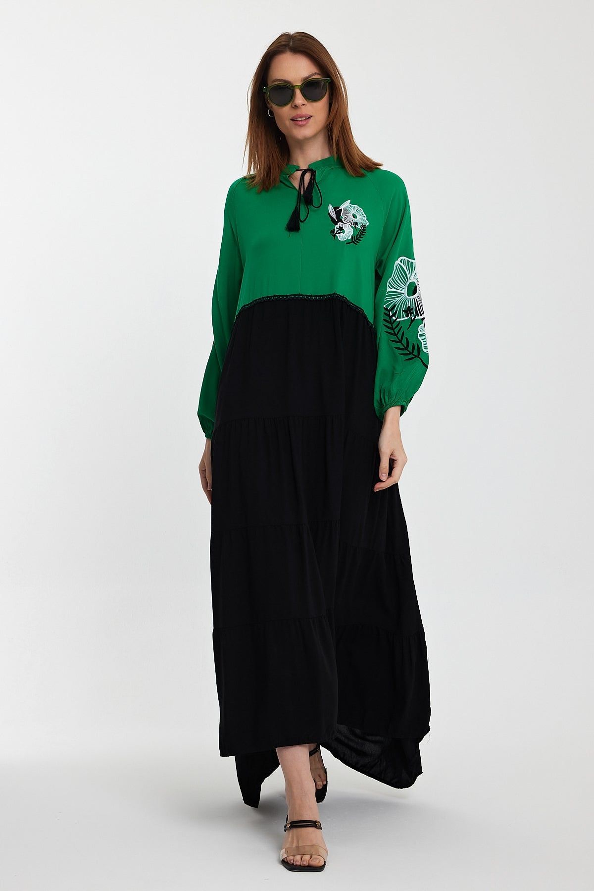 Belissh Embroidered Long Sleeve Midi Dress with Tie Neck Detail in Green