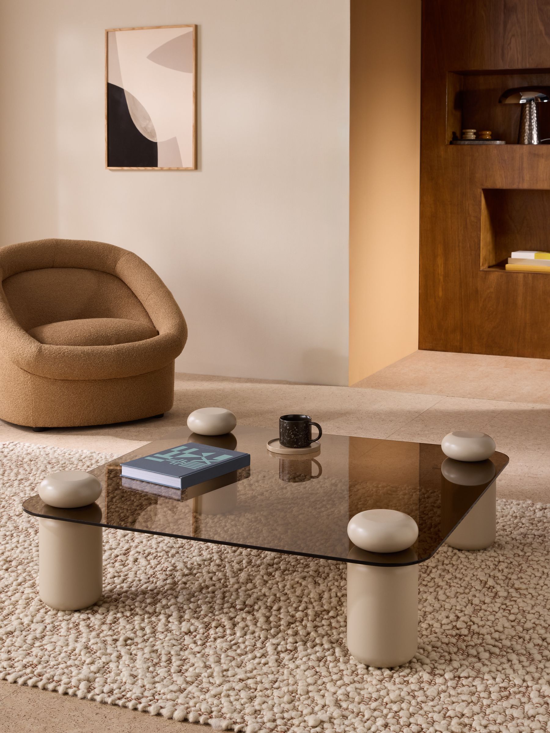 Easton Square Coffee Table in Ecru Marl and Brown Glass