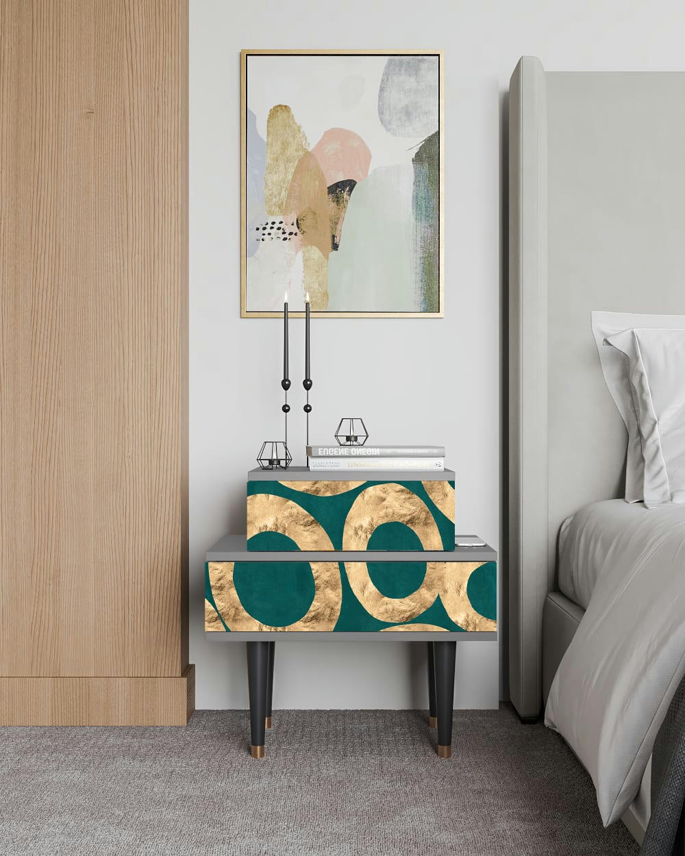 ZIRCON SPHERE - Table de chevet bleu-vert 2 tiroirs L 58 cm