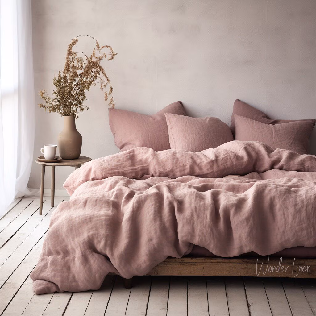 Woodrose Linen Bedding Bet, Pink King, Queen, Twin size Bedding, Custom Size Duvet Cover with Buttons and 2 Envelope Pillow Cases