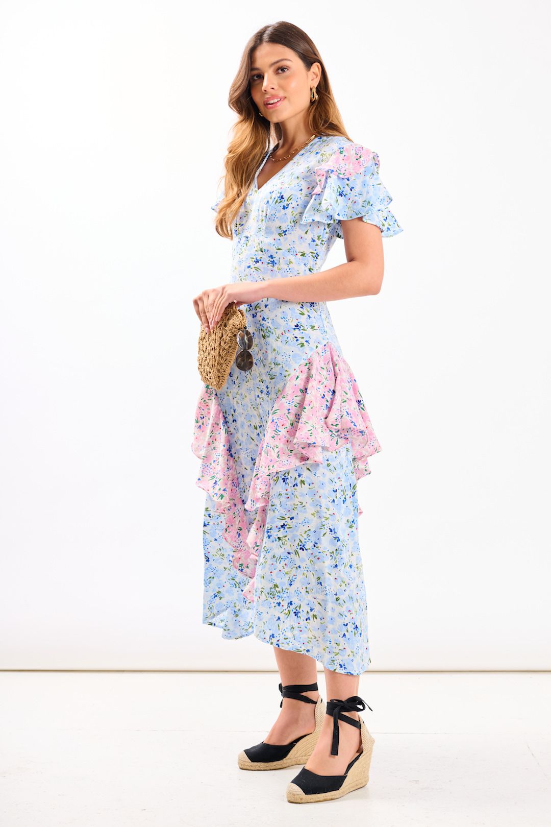 Needs No Label Blue Ditsy Floral Ruffle Mix and Match Midi Dress