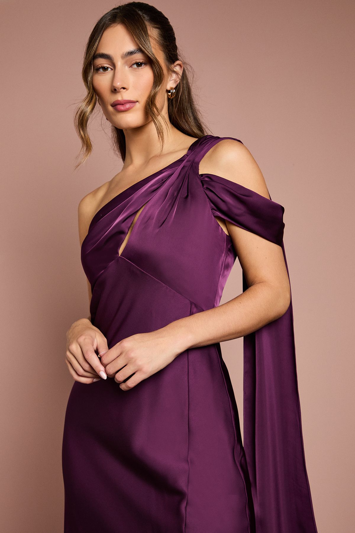 Coast Satin One Shoulder Fishtail Maxi Bridesmaid Dress with Drape Detail