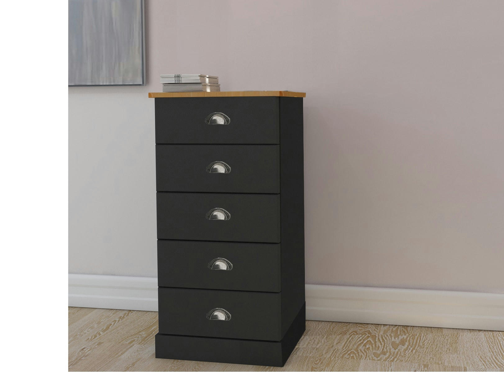 LORCA - Commode à 5 tiroirs en MDF noir et plateau en pin nature