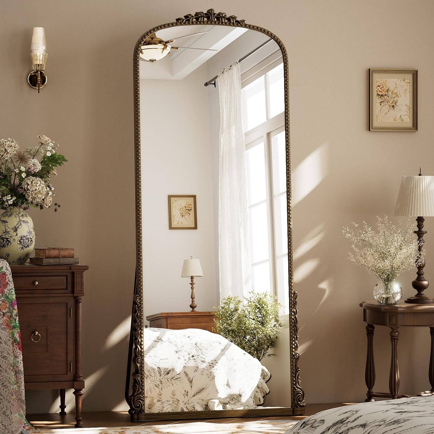 Arched Full Length Mirror, 28'' x 69'' Bronze Floor Body Mirror with Stand, Vintaged Elegant Carved Frame Mirror Full Length for Wall Decor, Living Room, Bedroom, Cloakroom, Entryway