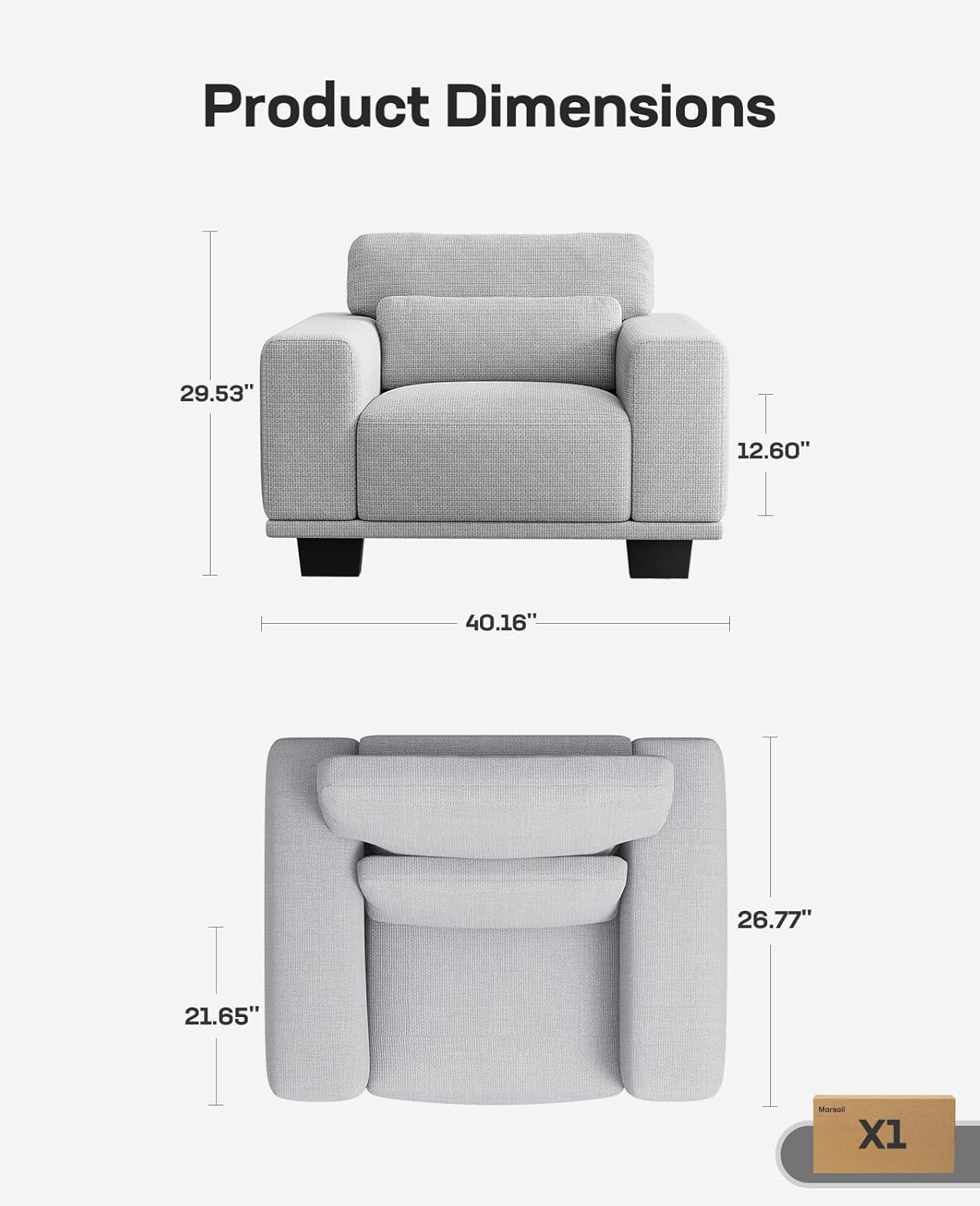 Marsail Single Seater Couch, 40 Inch Sofa with Deep Cushions, Modern Linen Fabric Sofas for Living Room, Comfy Upholstered Couch with Removable Washable Covers, Grey