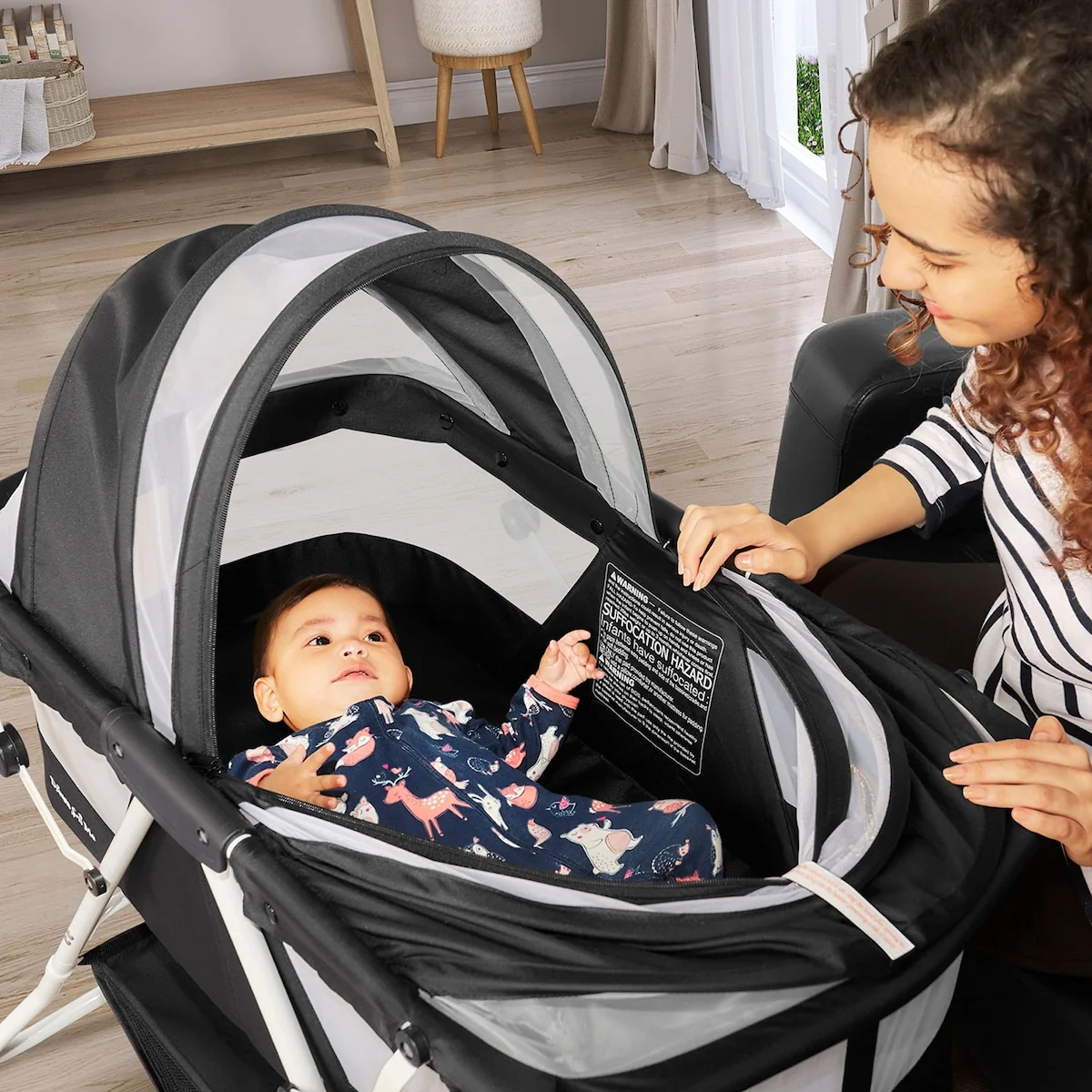 Karley Bassinet in Black, Lightweight Portable Baby Bassinet, Quick Fold and Easy to Carry , Adjustable Double Canopy