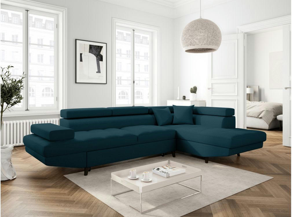 RIO SCANDI - Canapé angle droit convertible, coffre en tissu - Bleu - Pieds noir
