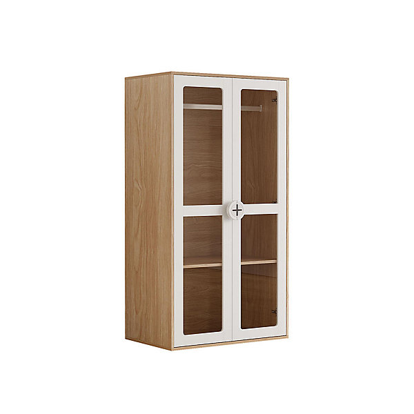 Armoire pour enfants à deux portes vitrées,80x50x150cm,blanc et bois naturel,tringle à vêtements et étagères coulissantes