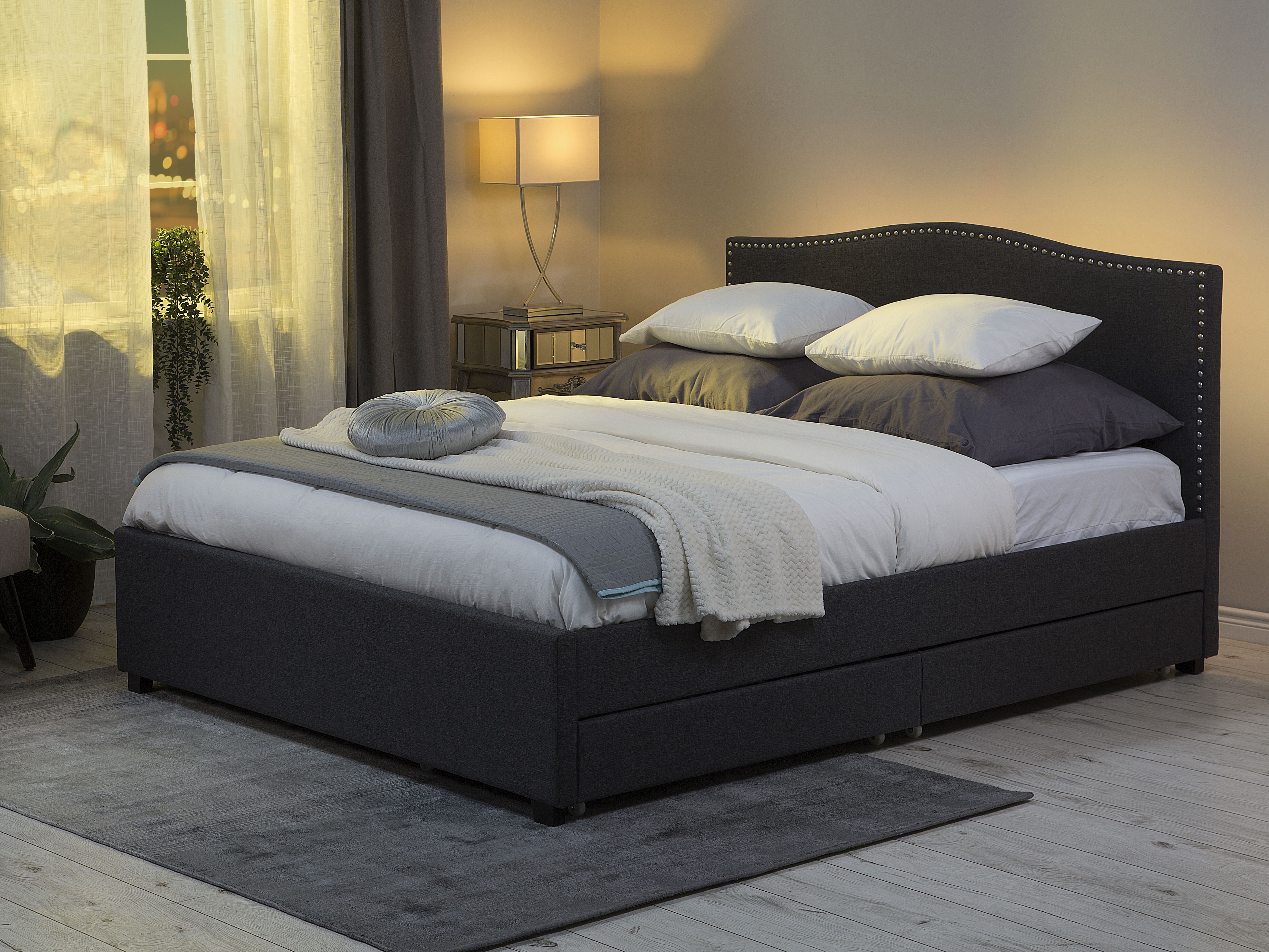Bed with Storage Drawers Fabric MONTPELLIER 160 x 200 cm (EU King Size) LED Dark Grey