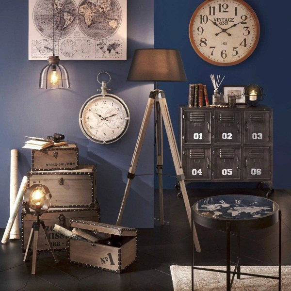Lampa stojąca drewniana czarny abażur 145x65 cm industrialna