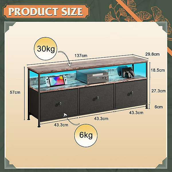 Meuble TV LED moderne, bois, 3 tiroirs, motif tissu noir, tablette rangement, pieds réglables, 137x29.8x78 cm, Noir