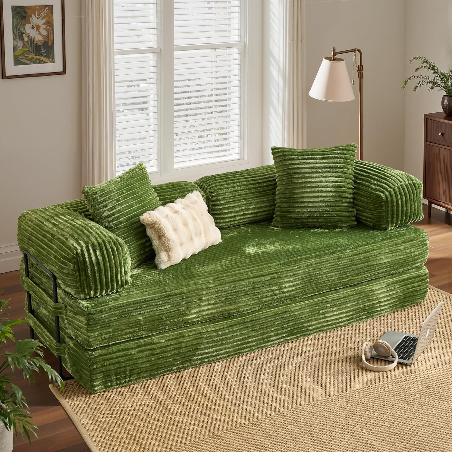 ovios 81 Folding Sofa Bed, Foldable Sleeper Boneless Couch with Pull Out Beds, Modular Convertible Floor Futon Loveseat Lounger for Living Room (Faux Fur, Green)