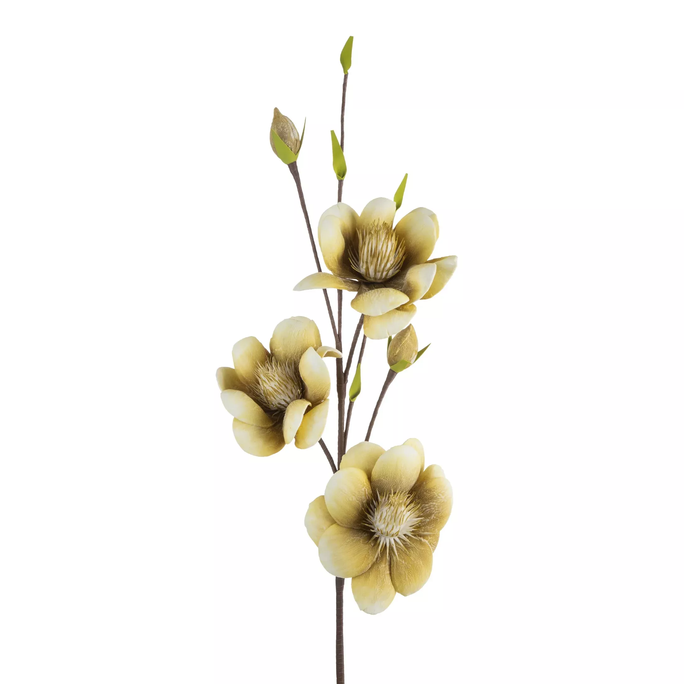 Gałązka sztuczna kwitnącej magnolii oliwkowa z plastycznej pianki foamirian 97 cm