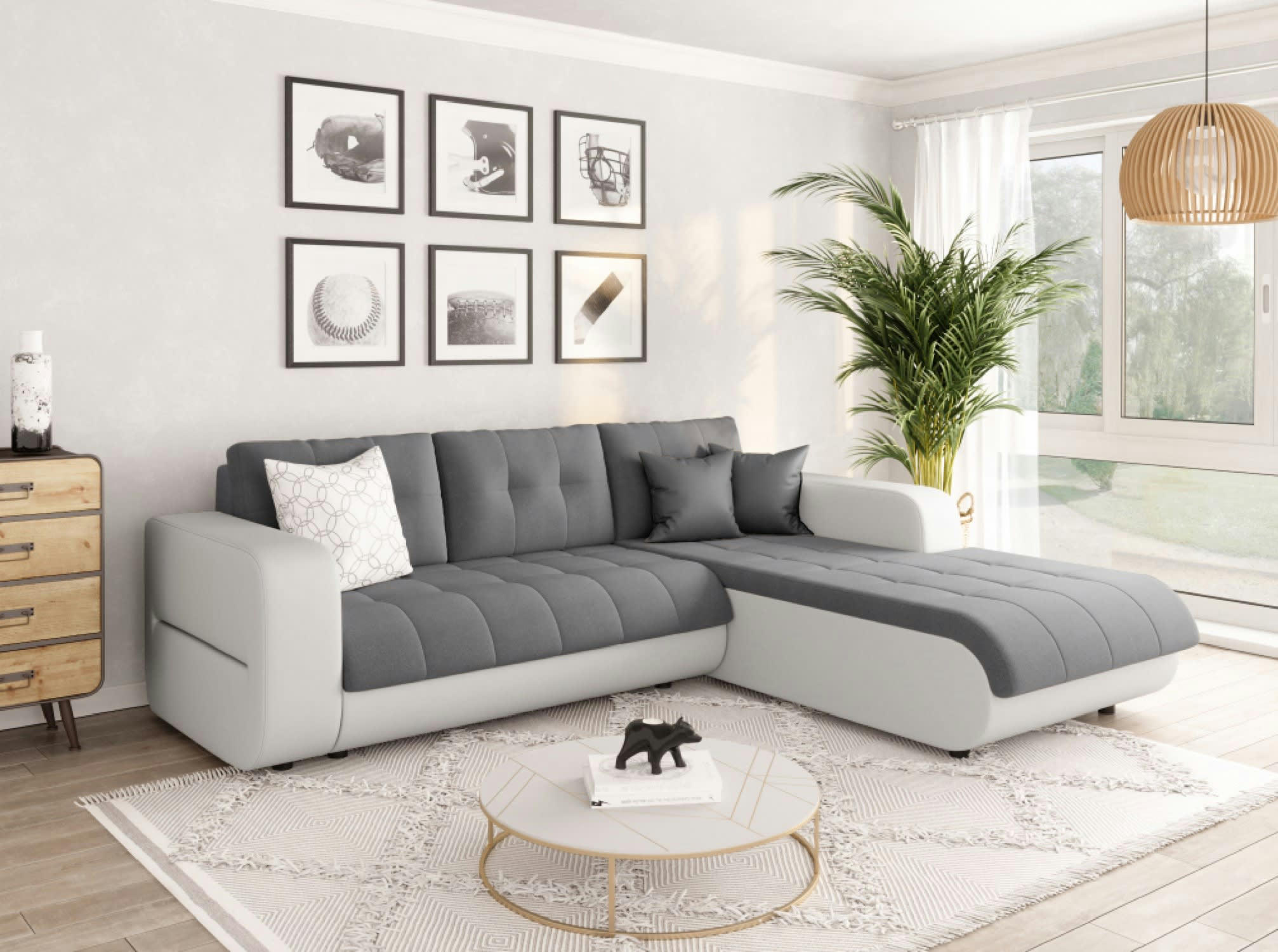 SUZIE - Canapé d'angle droit convertible bi-matière blanc/gris