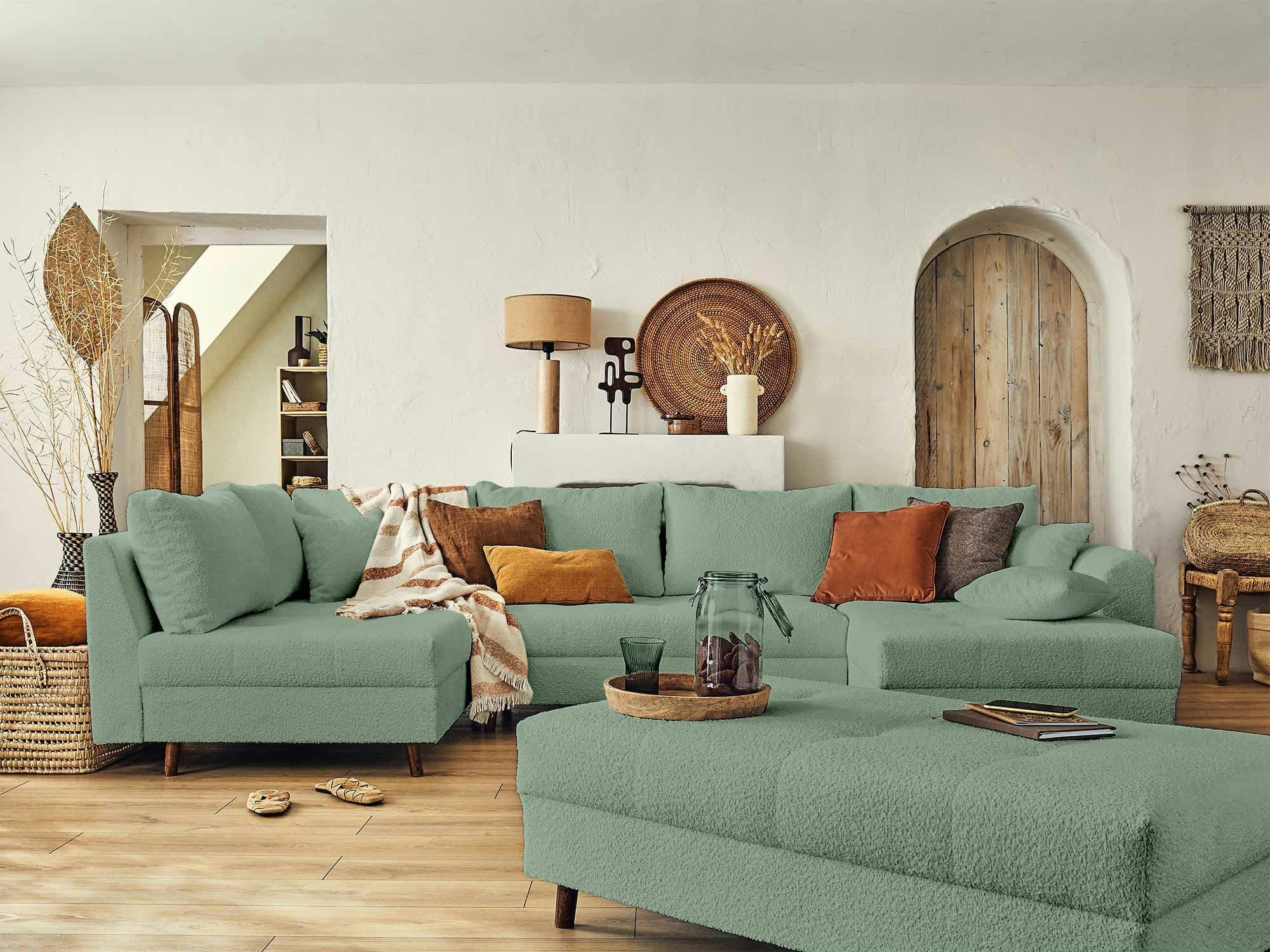 RUNE - Canapé d'angle gauche convertible 7 places en tissu bouclette vert