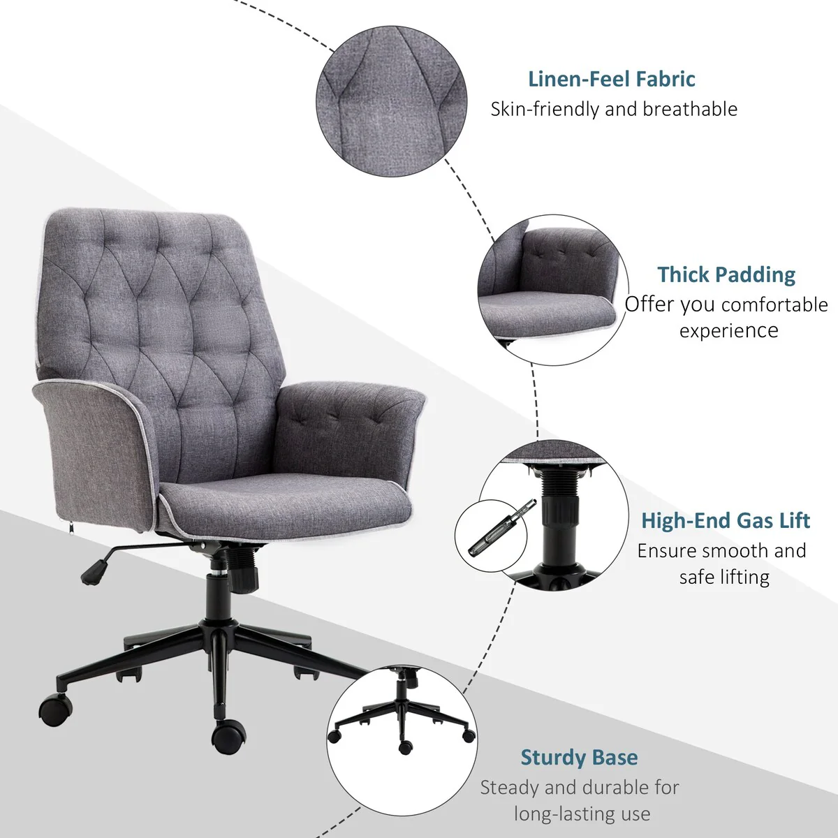Tufted Height Adjustable Computer Desk Chair Office Chair with Swivel Wheels and Padded Armrests