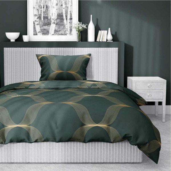 Pościel satynowa 140x200 zielona butelkowa złota ornament Home Satin