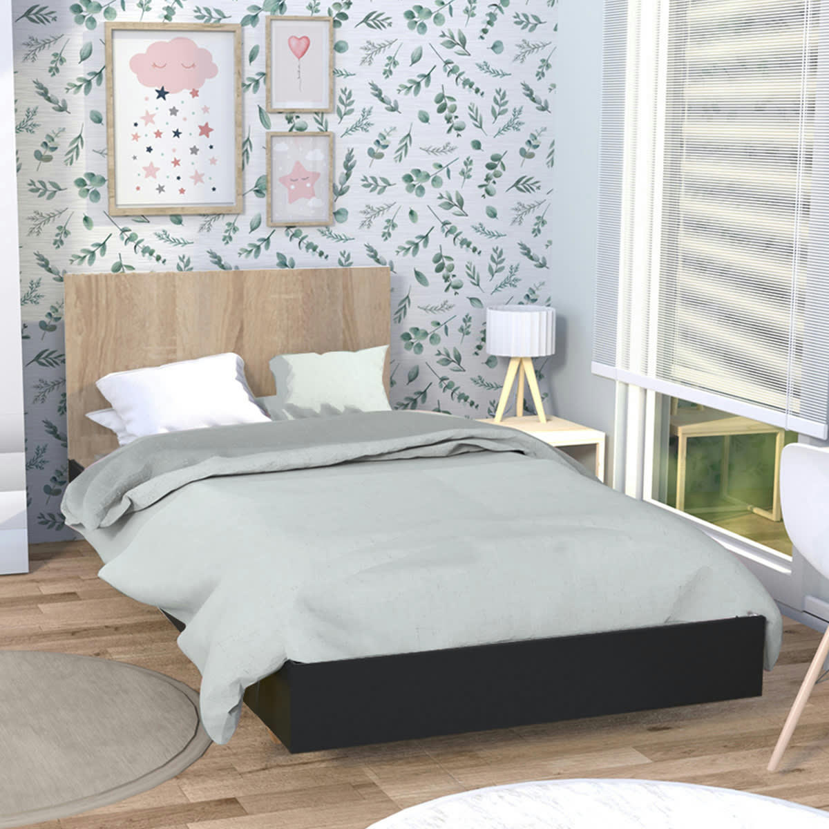 - Lit 90x190 sommier inclus cora noir et naturel blanchi