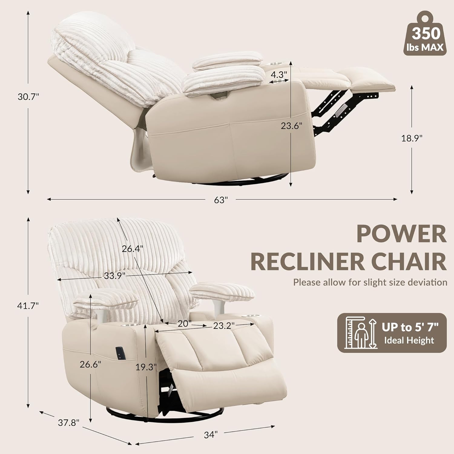 GRAINELL Rocking Chair Nursery, Electric Swivel Recliner Glider with Adjustable Armrests, Nursing Chair with USB Charger, Cup & Blanket Holders, Beige Corduroy & PU Leather