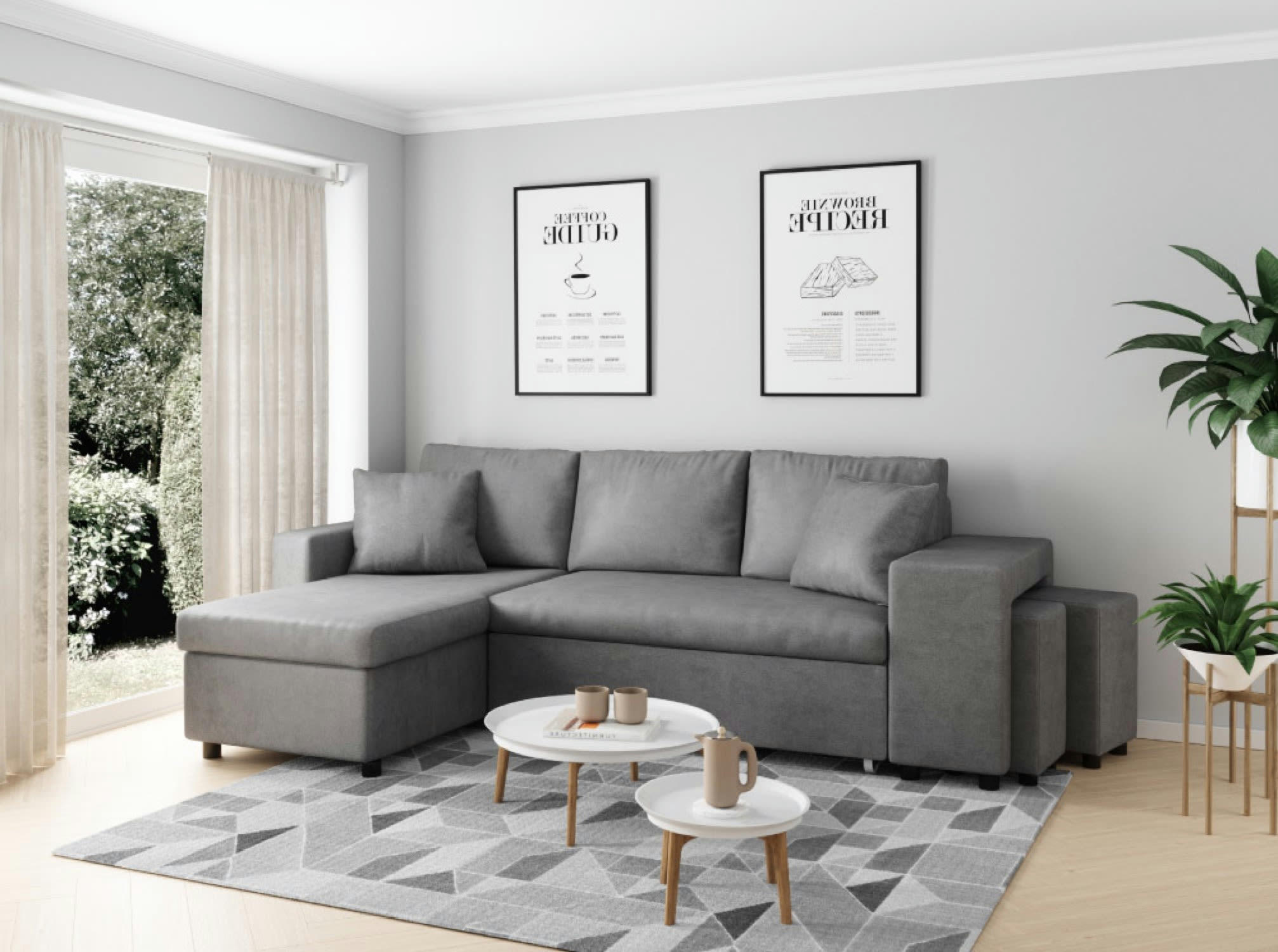 OSLO - Canapé d'angle gris convertible avec rangements poufs à gauche
