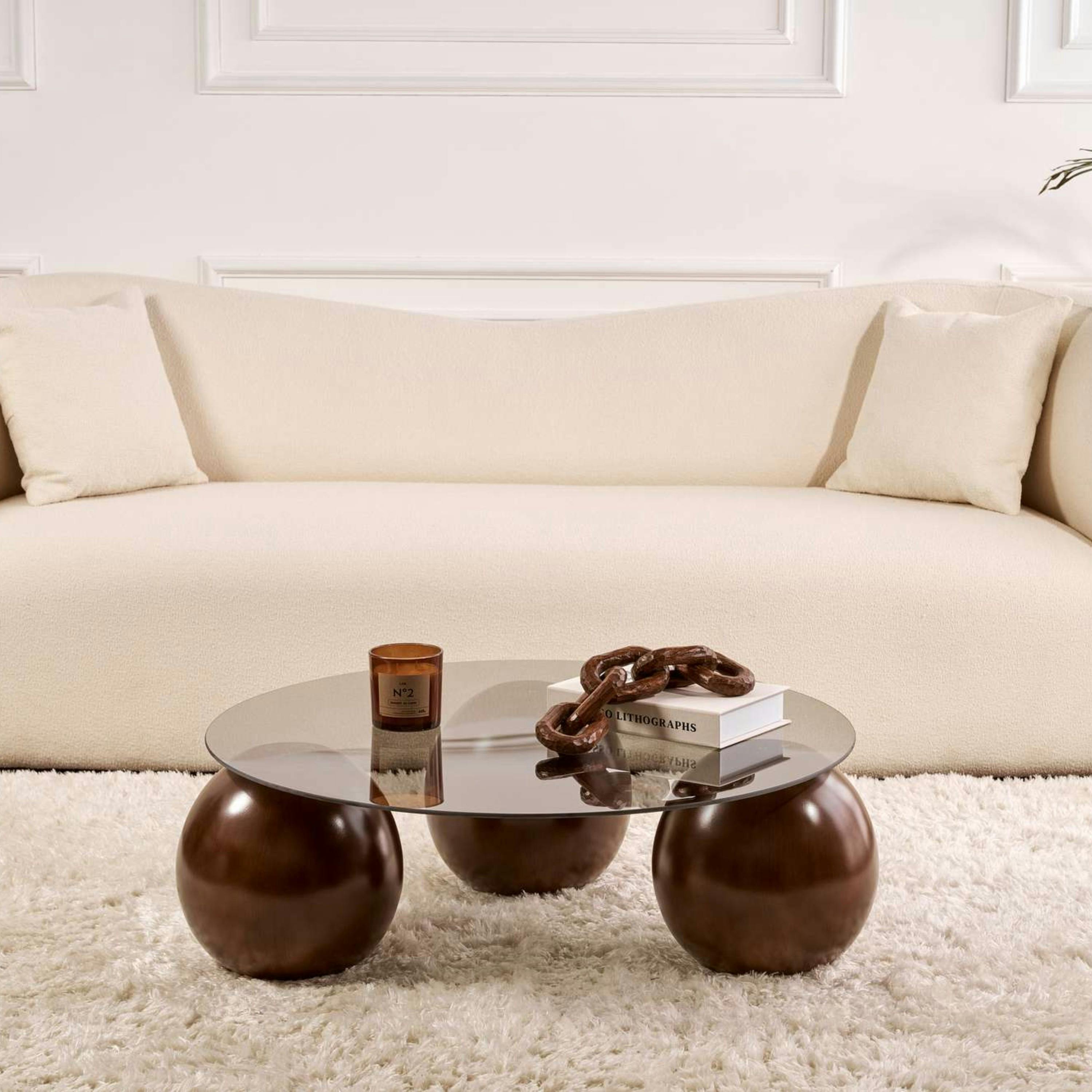 Table basse ronde verre fumé 3 pieds boule KOCHI