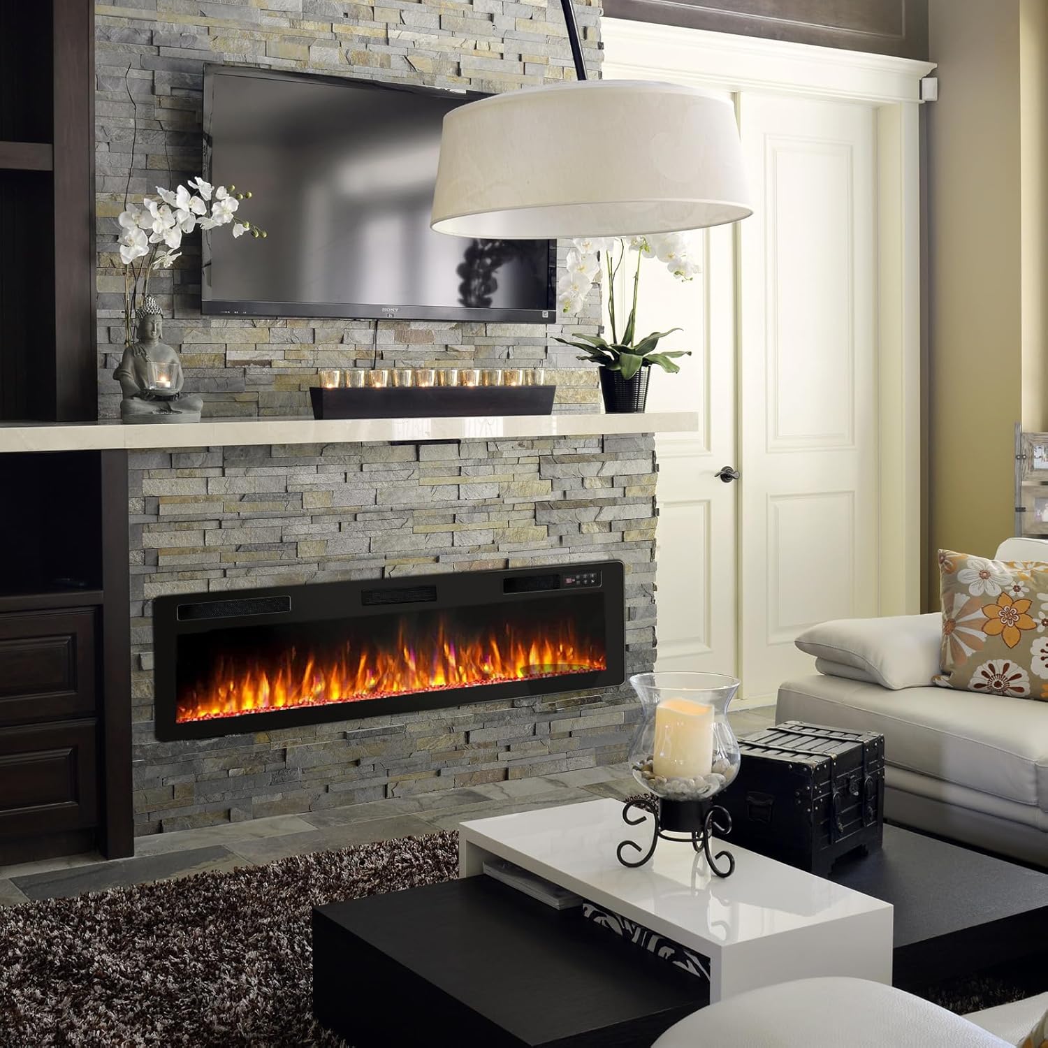 BOSSIN 72 inch Ultra-Thin Silence Linear Electric Fireplace, Recessed Wall Mounted Fireplace, Fit for 2 x 4 and 2 x 6 Stud, 12 Adjustable Flame Color & Speed,Touch Screen Remote Control with 8h Timer