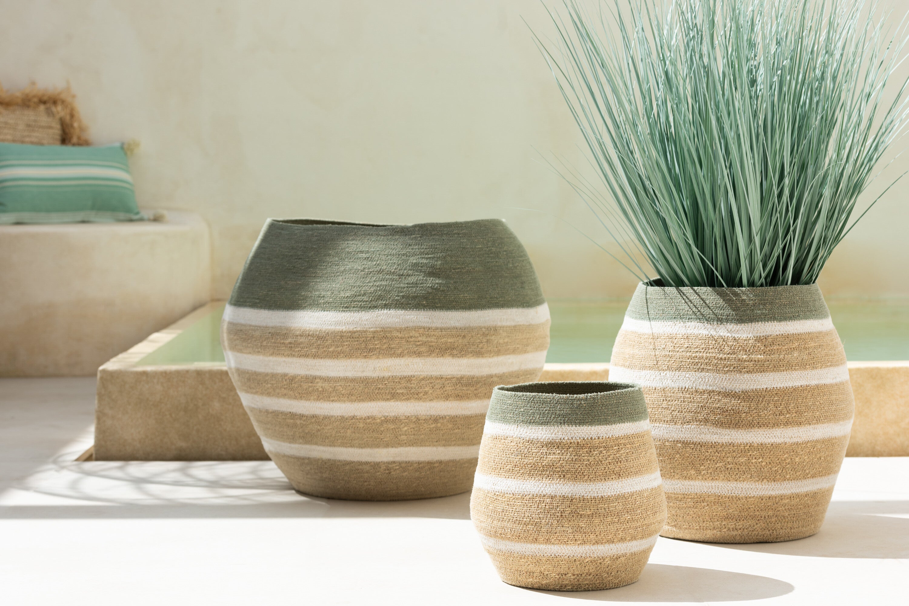 J-line mand strepen - zeegras - groen naturel - set van 3