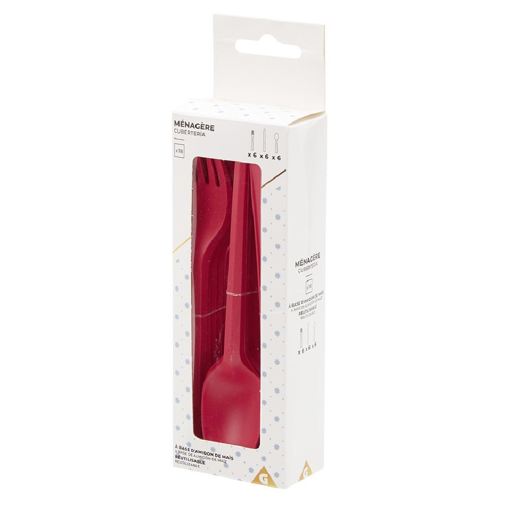 Ménagère réutilisable rouge 18 couverts à base d'amidon de maïs