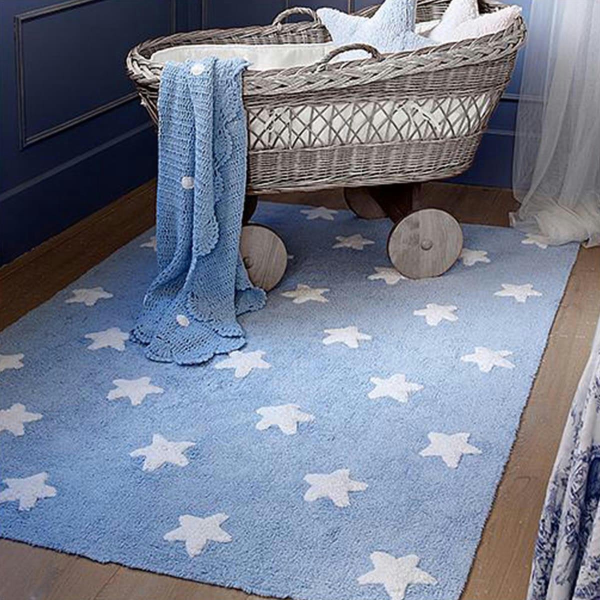 ÉTOILES - Tapis en coton lavable Etoiles Bleu-Blanc