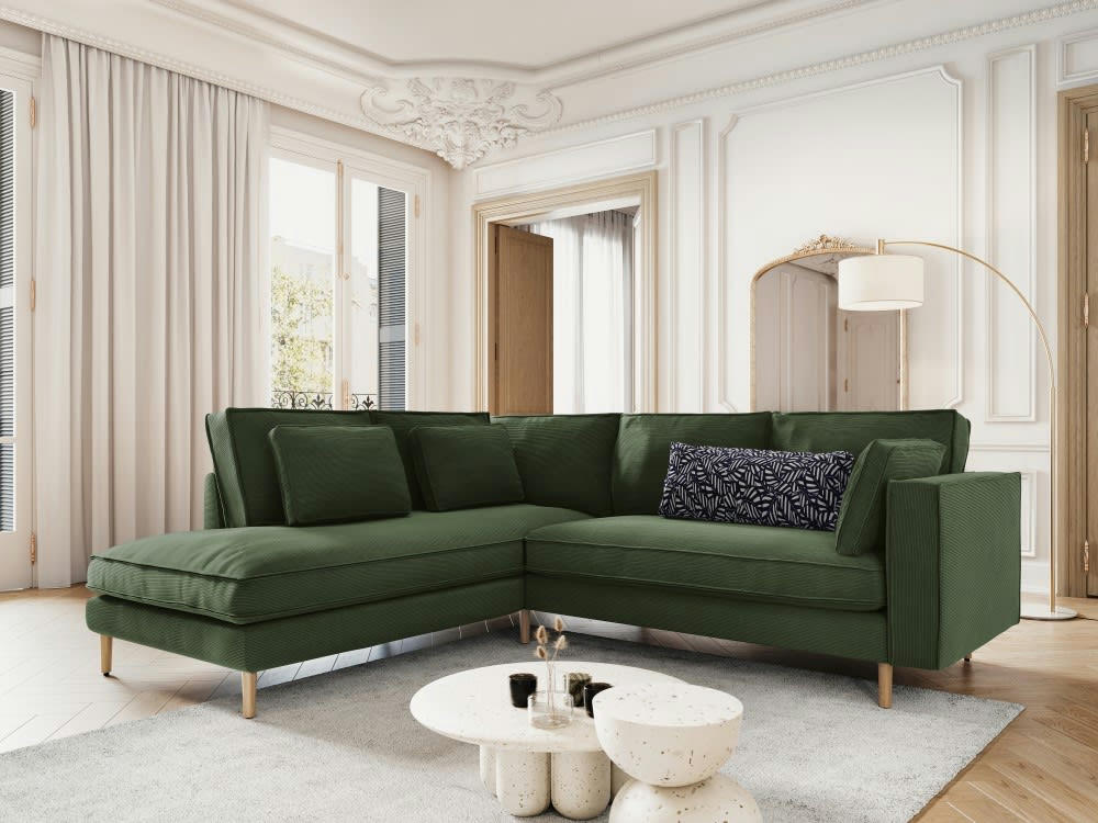 ALEXIS - Canapé d'angle 5 places en tissu structuré vert