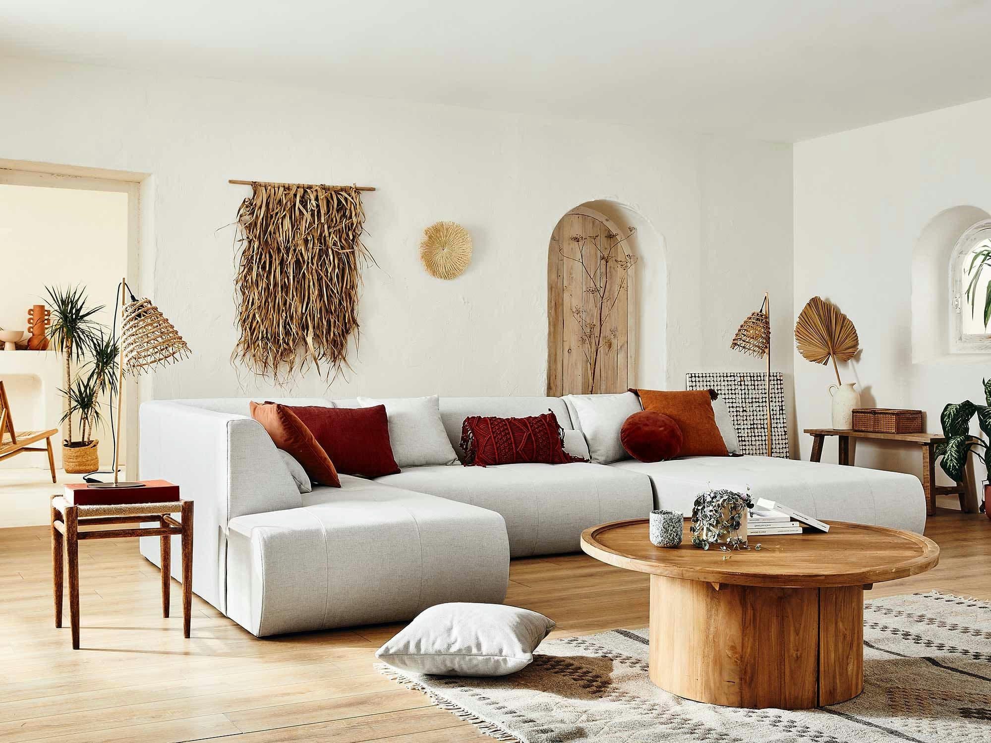 ONYX - Canapé modulable 7 places angle gauche en tissu gris clair