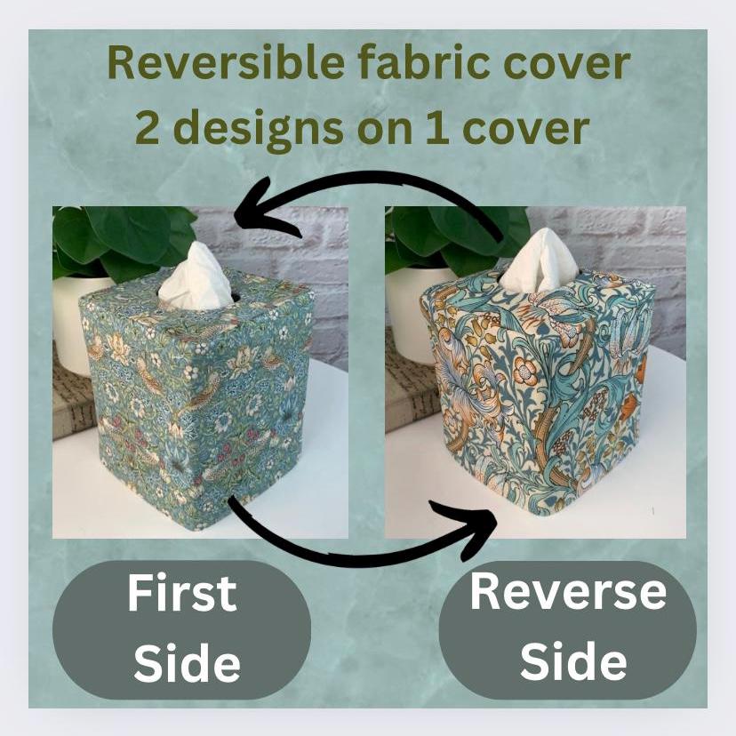 William Morris Strawberry Thief Aqua Tissue Box Cover | Reversible Fabric Floral Bird Decor | Handmade Cottage Home USA