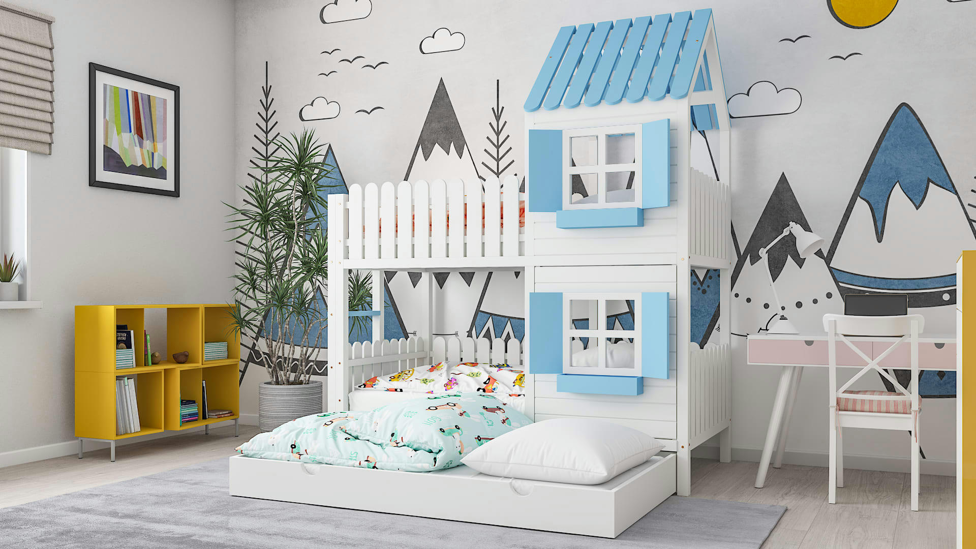 - Lit superposé en pin massif&HDF 190x90 bleu