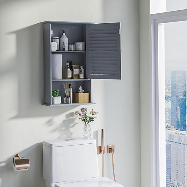 Meuble Mural de Salle de Bain, avec Etagère Réglable,avec Porte Persienne et 1 Etagère Ouverte, 42x17x70cm (Gris)