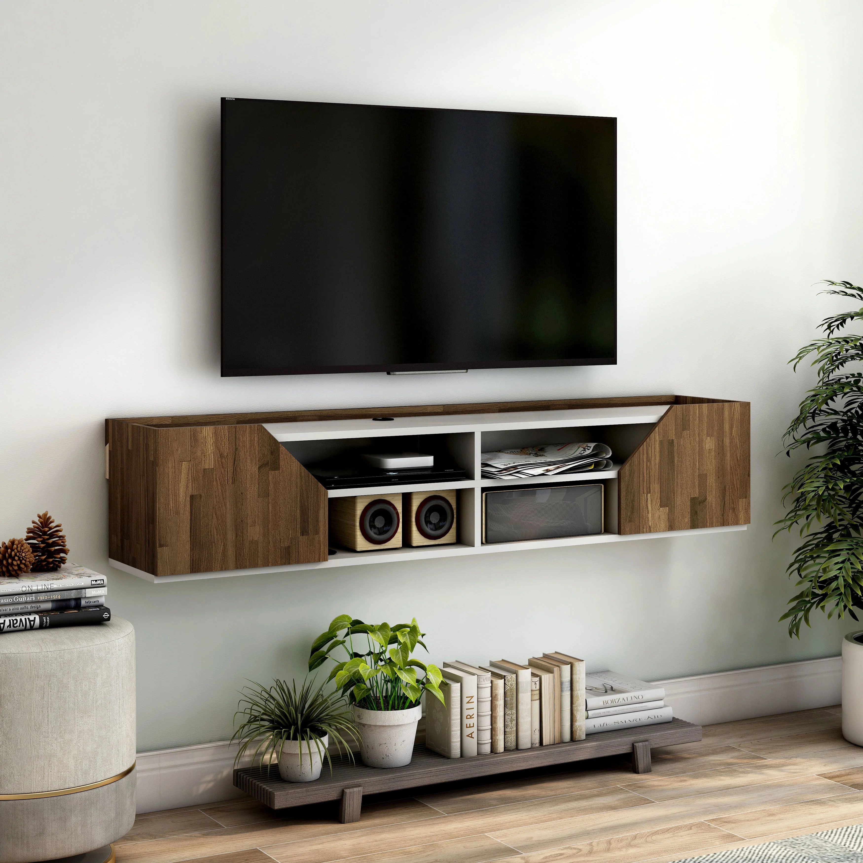 DH BASIC Transitional White 61-inch Two-tone 4-Shelf Floating TV Stand by Denhour