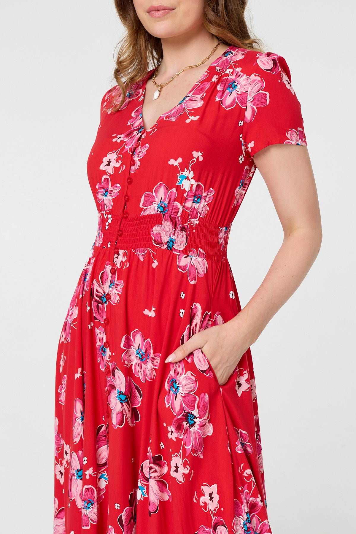 Izabel London Floral Short Sleeve Shirred Maxi Dress