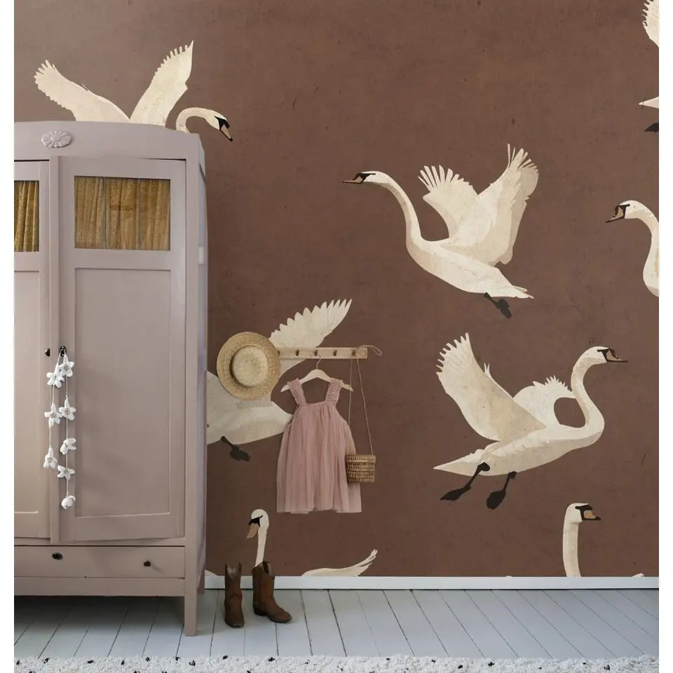 ESTAhome fotobehang zwanen terracotta bruin - 3 x 2.79 m