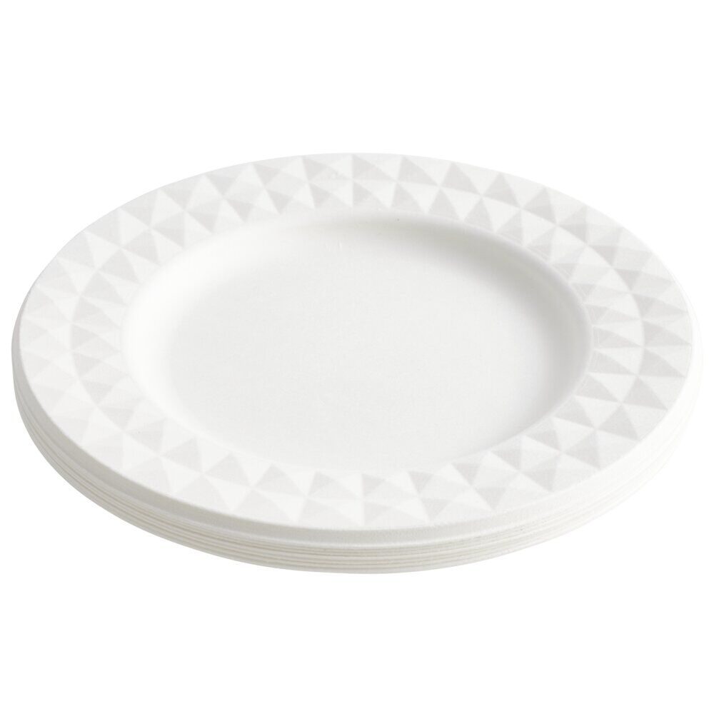 Assiette carton x8 canne à sucre bagasse contour façon diamant blanc Ø18cm