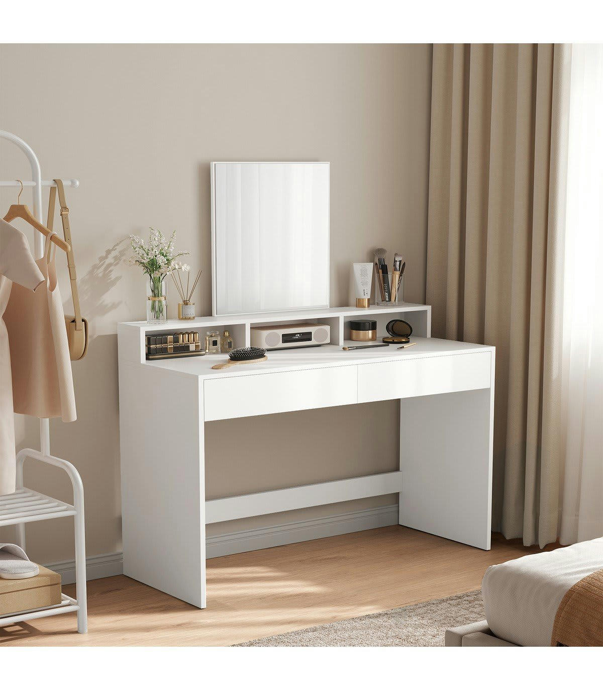 - Coiffeuse 2 tiroirs et 3 petites niches avec miroir - H140 cm