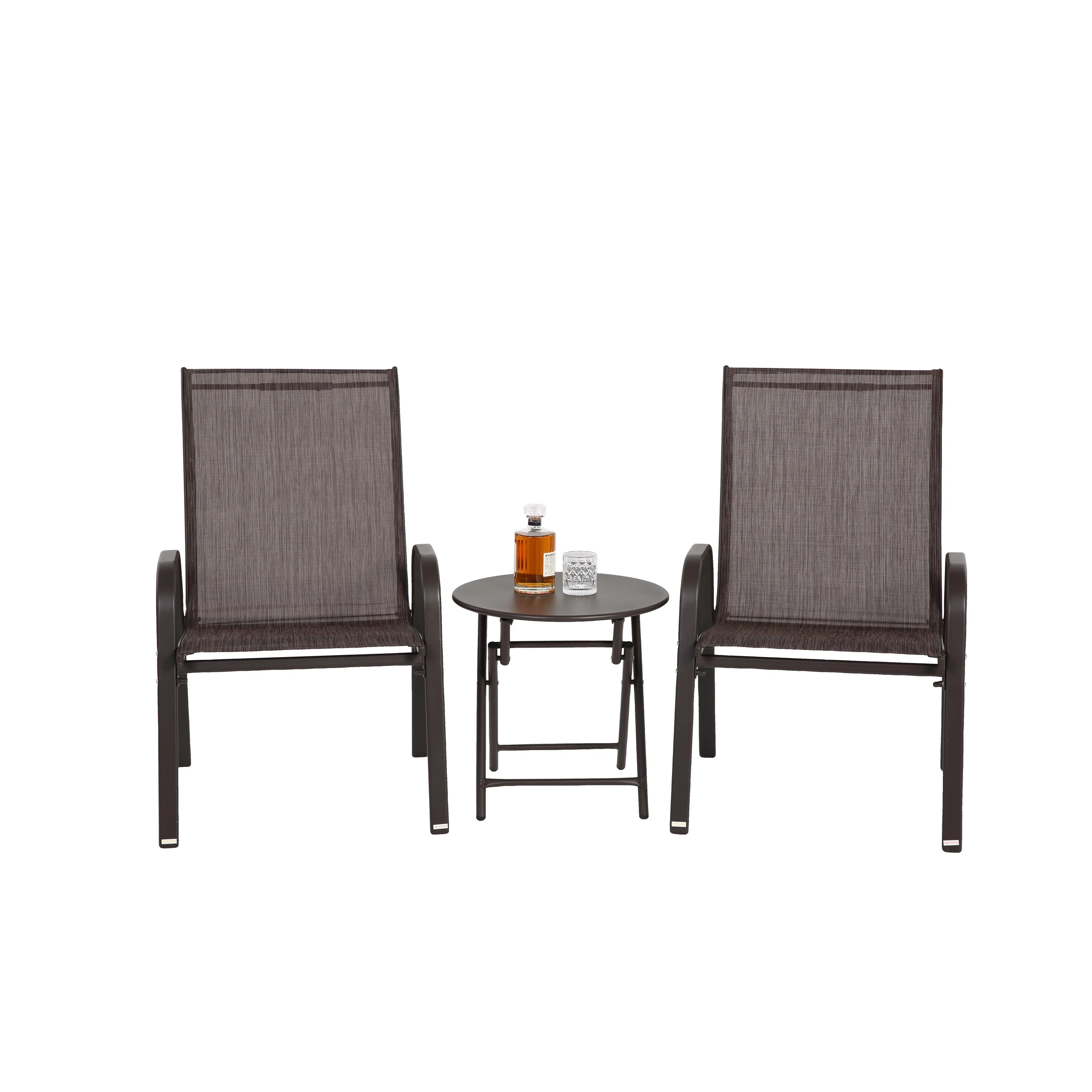 3 Piece Patio set, Outdoor Camping Chairs with Breathable Textilene Fabric, folding table with steel table top, 2chairs