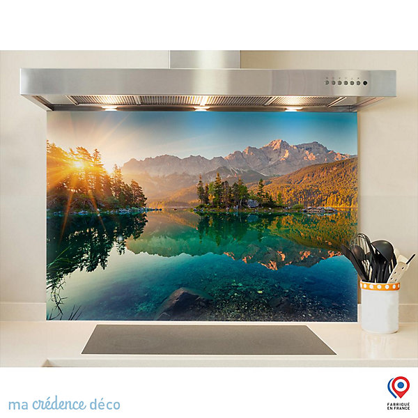Crédence cuisine fond de hotte Lac de montagne 1 - Verre trempé - L 90 cm x H 70 cm - MaCrédenceDéco