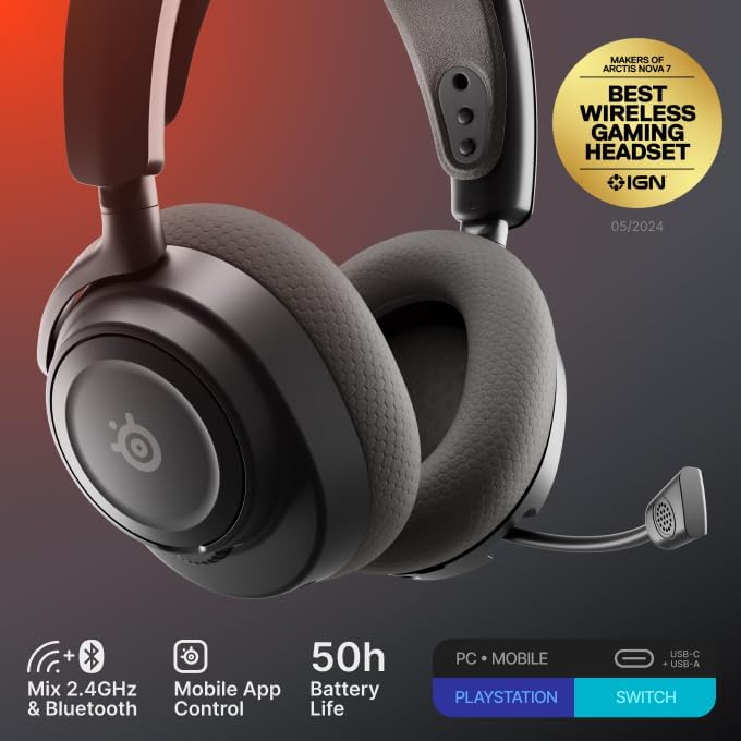 SteelSeries Arctis Nova 7 Wireless Gen 2 Gaming Headset - Real-Time App Control, 50+ HR Play, Neodymium Drivers, Mix 2.4GHz/Bluetooth, PC, PS5, PS4, Switch 1/2, Mobile - Black