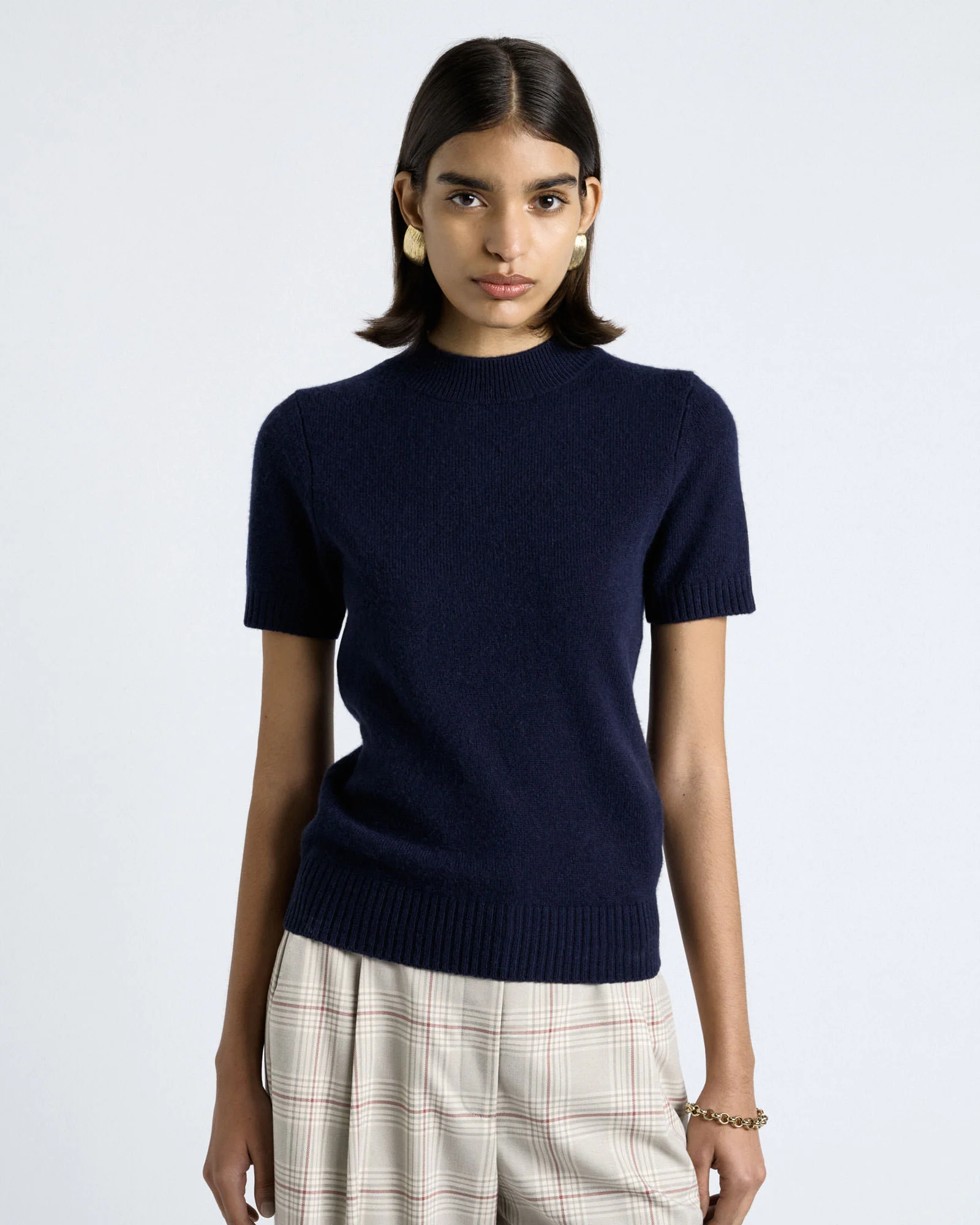 Merino Cashmere Blend Mock Neck Short Sleeve Knit