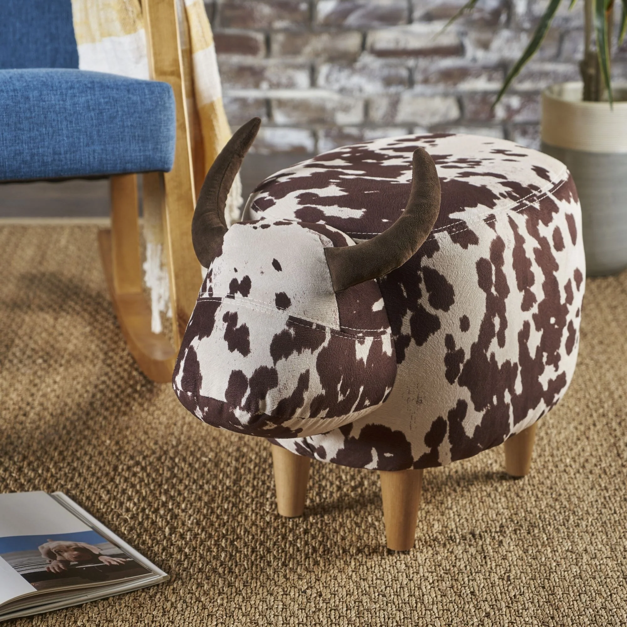 Oaks Aura Muti-colors Velvet Cow-Shaped Ottoman, Cow Design Children Seat, Sturdy and Stable Velvet Chair
