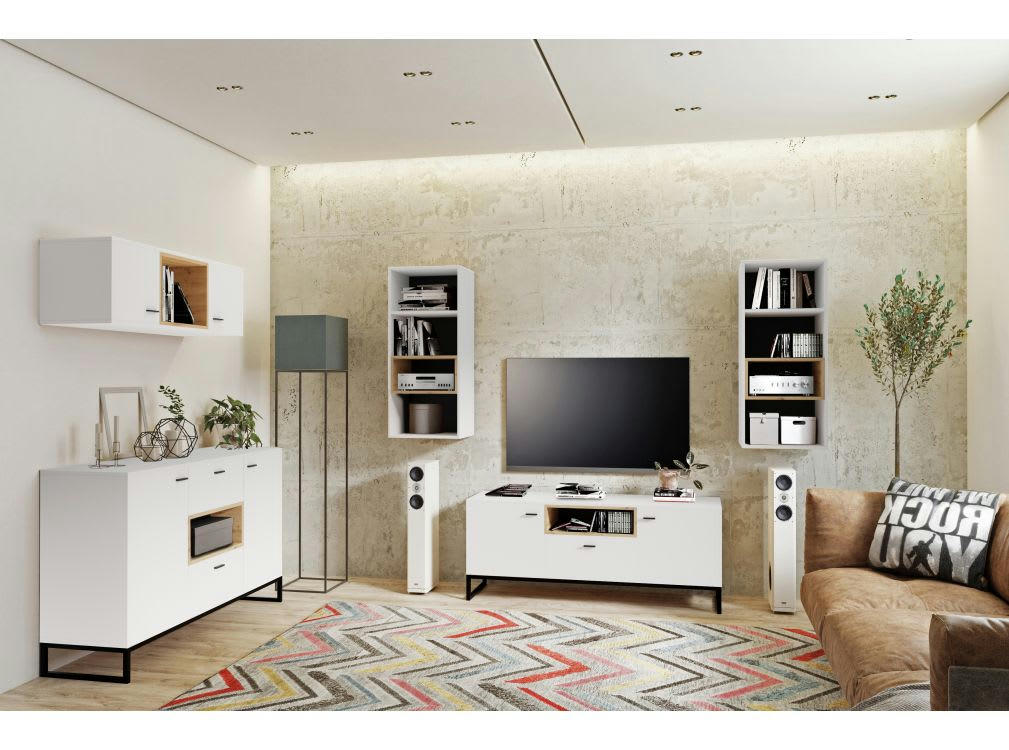 ODILE - Meuble TV 2 portes et 1 tiroir 135cm - Blanc / Bois