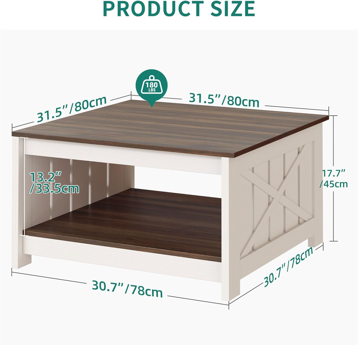 Coffee Table Farmhouse Coffee Table with Storage Rustic Wood Cocktail Table, Square Coffee Tables for Living Meeting Room with Half Open Storage Compartment, Brown with White