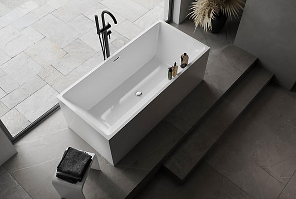 Baignoire îlot rectangulaire VERONA acrylique blanc - 170x80x60cm - Garantie 5 ans - Avec robinet mitigeur 1521, Avec siphon